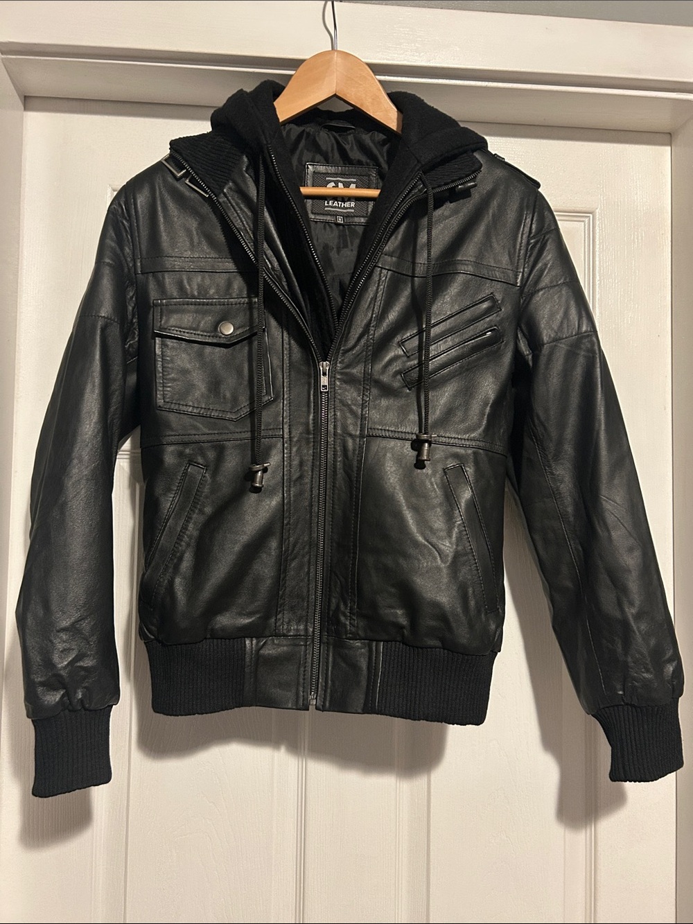 Black Leather Jacket with removable hood